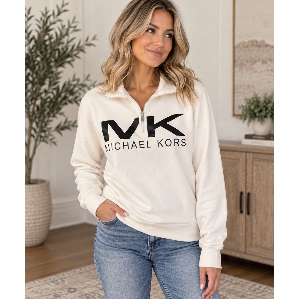 Michael Kors MK Logo Quarter Zip Sweatshirt Size S White Black